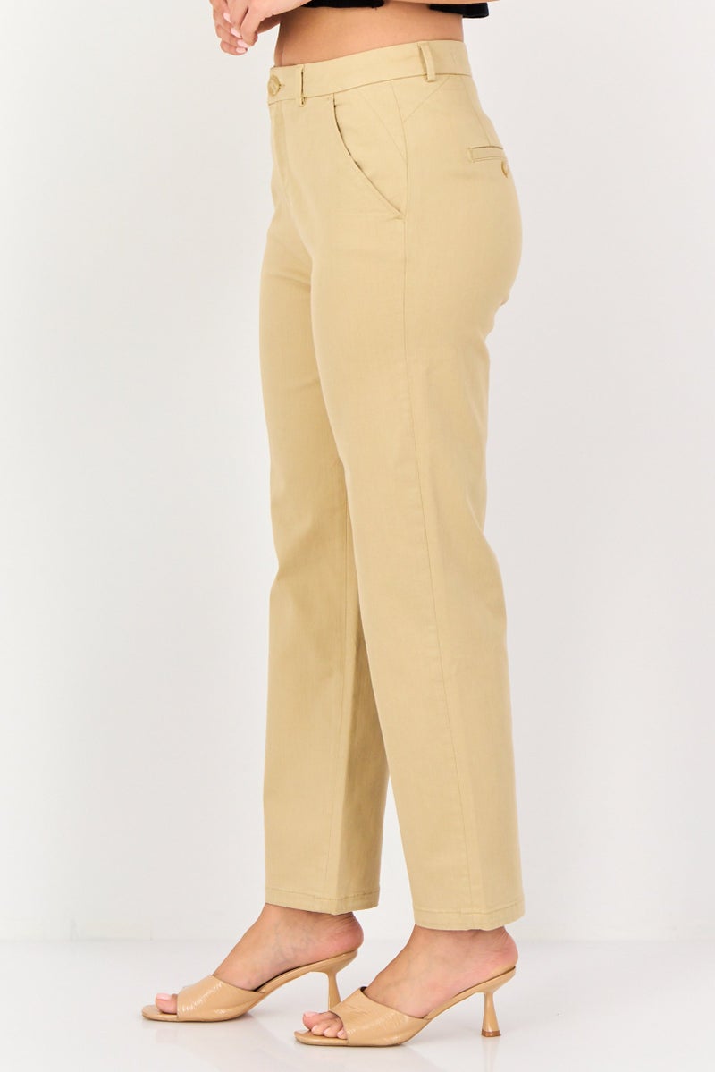 Reiko Women Cropped Fit Solid Chino Pants, Beige - Image 2