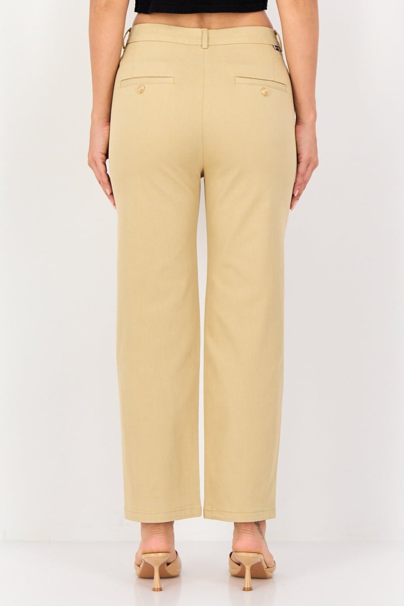 Reiko Women Cropped Fit Solid Chino Pants, Beige - Image 4
