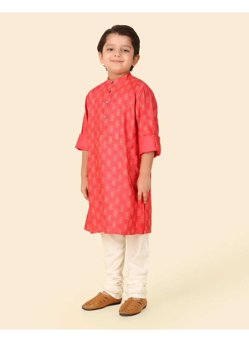 فاب انديا Pink Viscose Silk Hand Block Printed Long Kurta