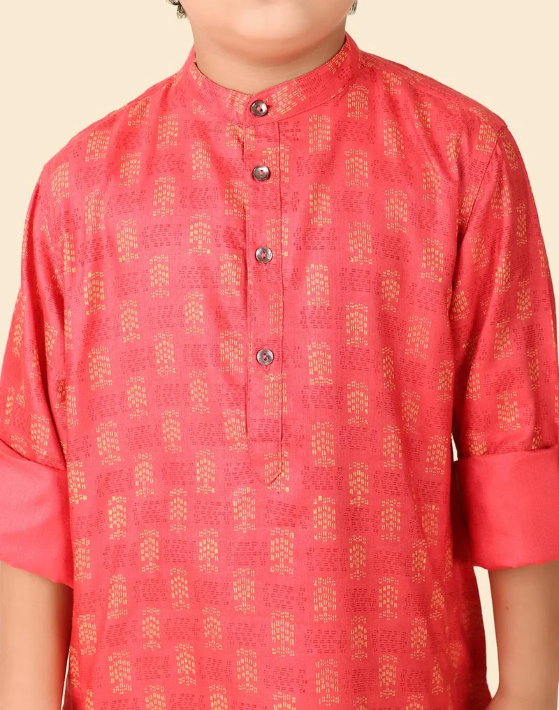 Fabindia Pink Viscose Silk Hand Block Printed Long Kurta