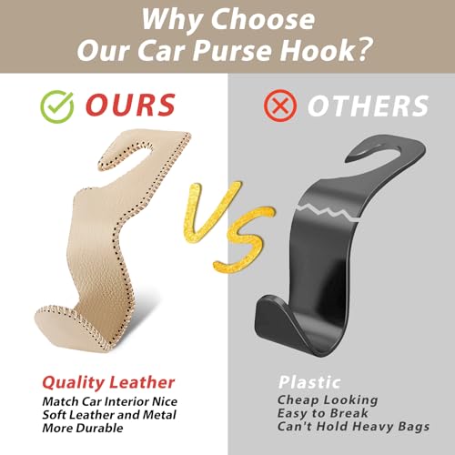 Etre Jeune Purse Hook for Car, Purse Holder Car Headrest Hooks Leather for Hanging Purses and Bags, 2 Pack Beige - Image 2