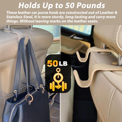 Etre Jeune Purse Hook for Car, Purse Holder Car Headrest Hooks Leather for Hanging Purses and Bags, 2 Pack Beige - Image 5