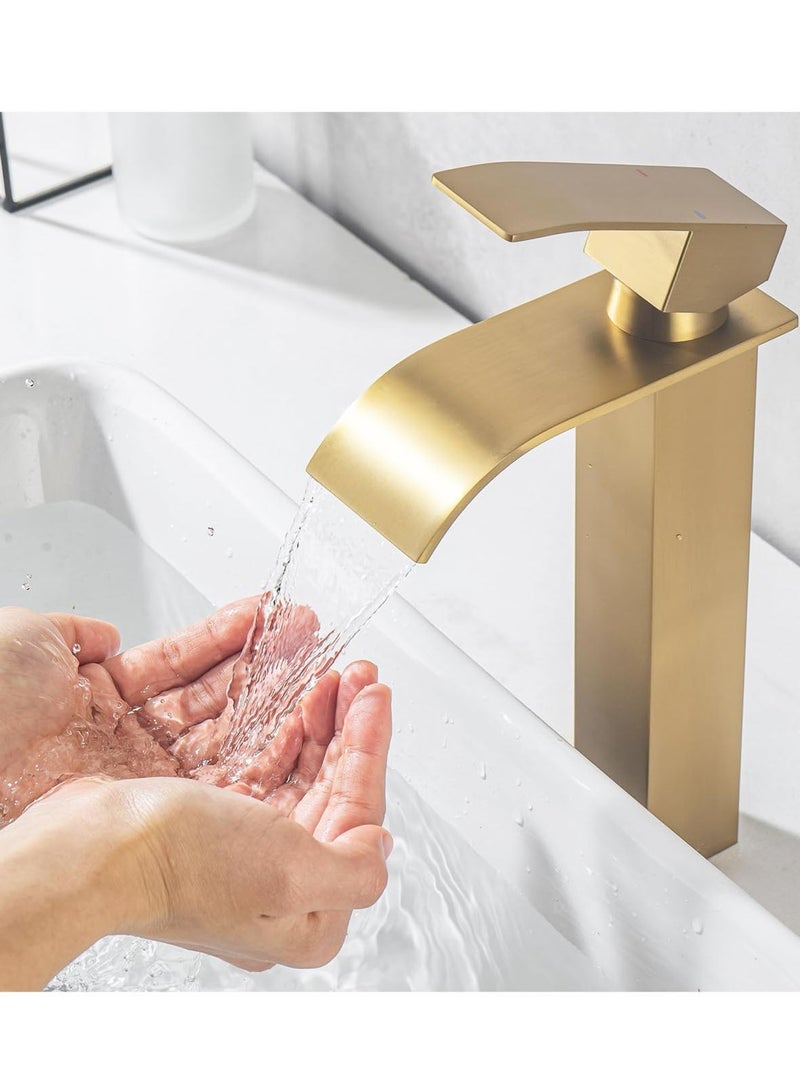 Monda Brushed Gold Waterfall Bathroom Faucet with 60cm Inlet Pipe - Single Handle Hot & Cold Water Sink Mixer - Image 4