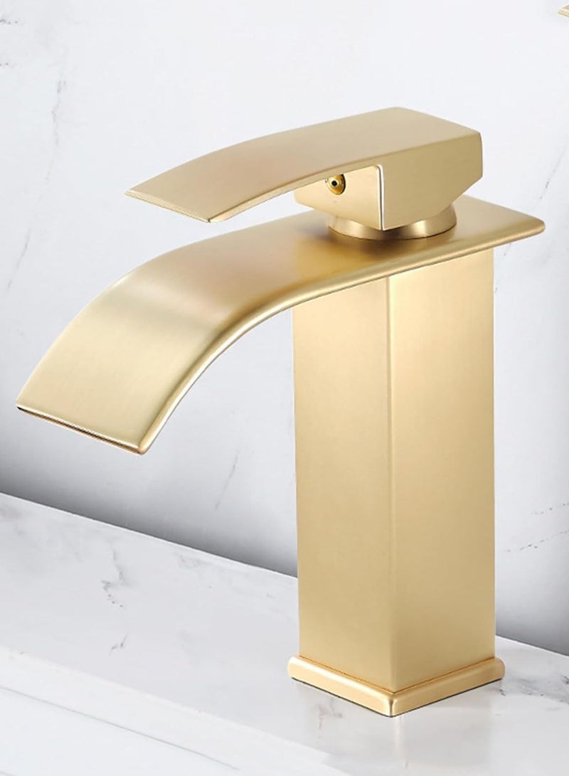 Monda Brushed Gold Waterfall Bathroom Faucet with 60cm Inlet Pipe - Single Handle Hot & Cold Water Sink Mixer - Image 1