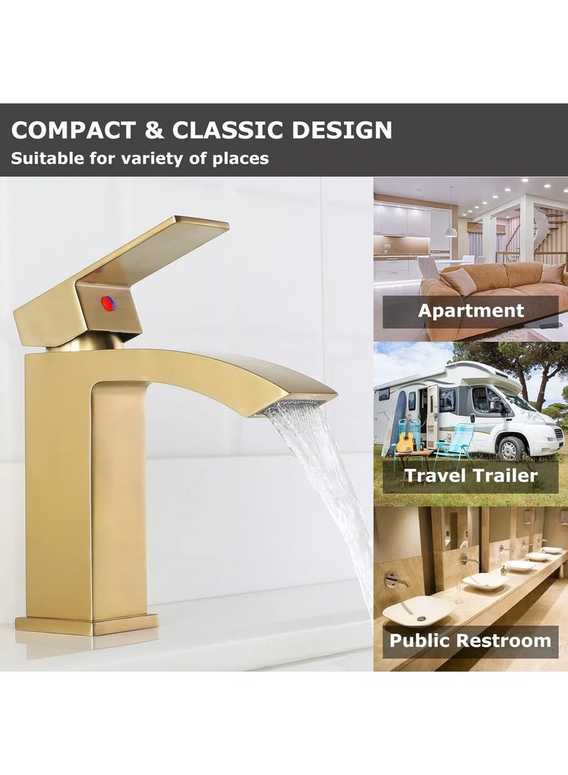 Monda Brushed Gold Waterfall Bathroom Faucet with 60cm Inlet Pipe - Single Handle Hot & Cold Water Sink Mixer - Image 3