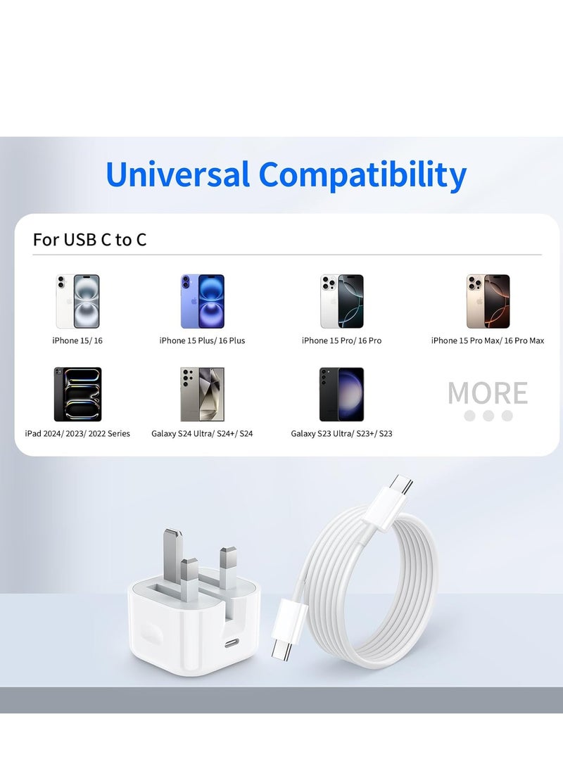 Generic - iPhone 16 Charger, 20W PD USB C Charger UK Power Adapter Plug with 1M USB C to C Charging Cable Cord for iPhone 16/16 Plus/16 Pro/16 Pro Max/15/15 Plus/15 Pro/15 Pro Max - Image 1