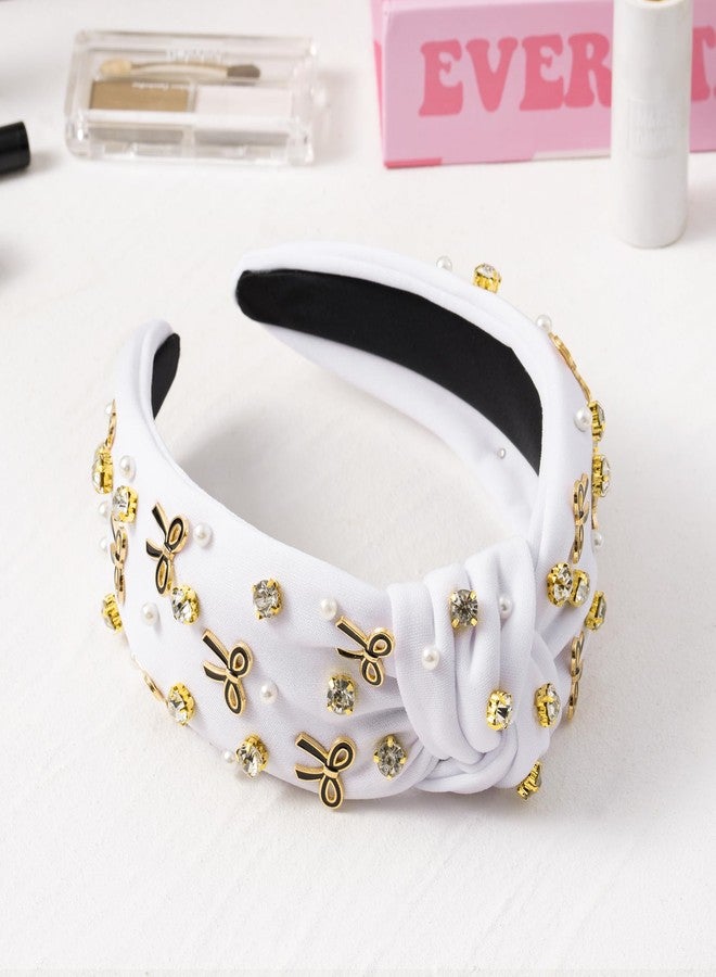 PANTIDE Coquette Black Bow Jeweled Knotted Headband - Rhinestone Crystal Embellished Preppy Trendy Headband Wide Top Knot Non Slip Fashion Hairband Accessories Birthday Gift for Women Girl (White) - Image 4