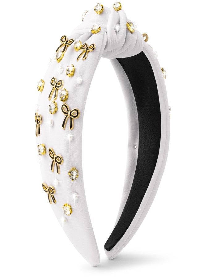 PANTIDE Coquette Black Bow Jeweled Knotted Headband - Rhinestone Crystal Embellished Preppy Trendy Headband Wide Top Knot Non Slip Fashion Hairband Accessories Birthday Gift for Women Girl (White) - Image 1
