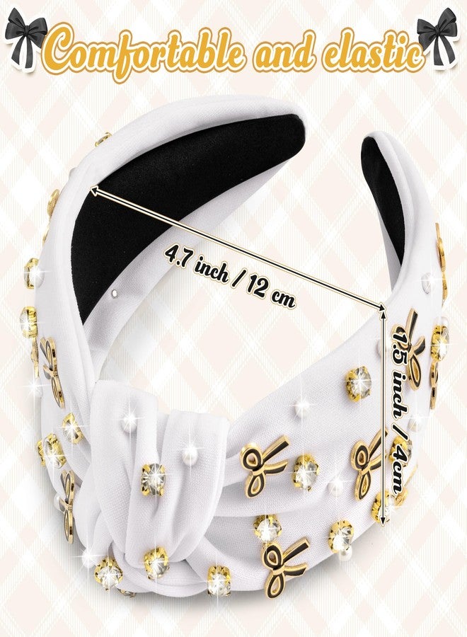 PANTIDE Coquette Black Bow Jeweled Knotted Headband - Rhinestone Crystal Embellished Preppy Trendy Headband Wide Top Knot Non Slip Fashion Hairband Accessories Birthday Gift for Women Girl (White) - Image 2