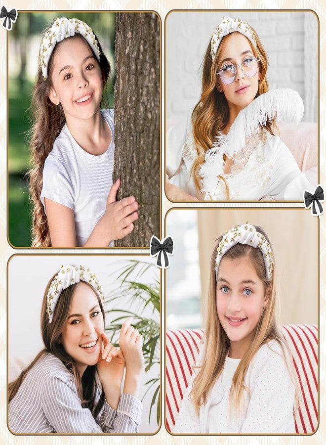 PANTIDE Coquette Black Bow Jeweled Knotted Headband - Rhinestone Crystal Embellished Preppy Trendy Headband Wide Top Knot Non Slip Fashion Hairband Accessories Birthday Gift for Women Girl (White) - Image 5