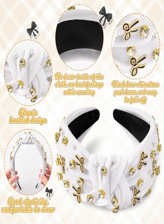 PANTIDE Coquette Black Bow Jeweled Knotted Headband - Rhinestone Crystal Embellished Preppy Trendy Headband Wide Top Knot Non Slip Fashion Hairband Accessories Birthday Gift for Women Girl (White) - Image 3