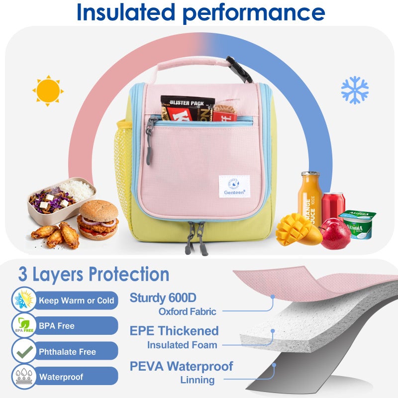 Genteen Kids Lunch Box, Insulated Lunch Bag for Kids, Toddler, Girl, and Boy; Holds Lunch Box, Water Bottle, & Snacks; Easy-Clean Water-Resistant Fabric & Multiple Zippered Pockets (Yellow Blue) - Image 4