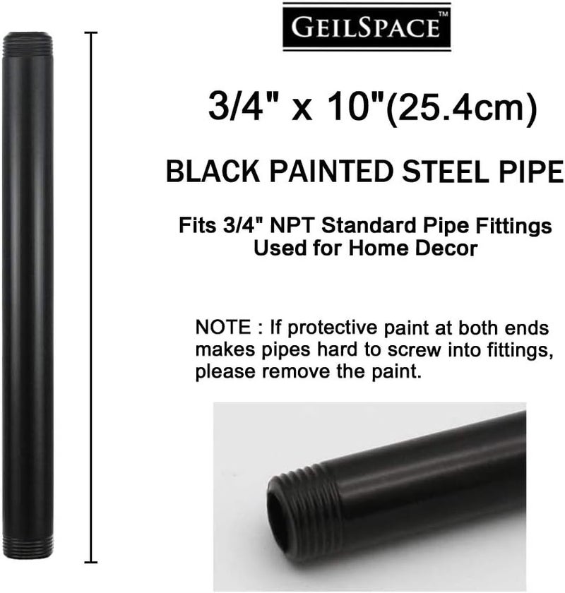 GeilSpace 6 Pack 3/4" × 10" Pre-Cut Black Metal Pipe, Industrial Steel Fits Standard Three Quarters Inch Threaded Pipes and Fittings - Vintage DIY Industrial Shelving (3/4" × 10", Black) - Image 2