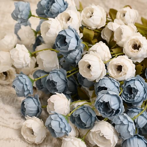 LADADA 27 Inch Artificial Peonies Flowers, 4 Pcs Fake Peonies Bouquet with Sturdy Stems, Lifelike Faux Peonies for Wedding Bouquets, Centerpieces, Floral Arrangements, Home Decor (White & Blue) - Image 2