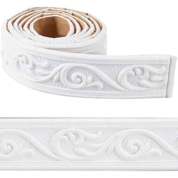 CROWN MOLDING PEEL AND STICK 3D FOAM WALL TRIM, WHITE SELF-ADHESIVE DECORATIVE WALLPAPER BORDER, FLEXIBLE BASEBOARD EDGING FOR MIRROR, WALL, HOTEL DIY DECOR, 88 X 2 INCH - Image 1