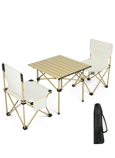 Folding Camping Table and Chairs Set,Portable Picnic Table with 2 Foldable Chairs, Aluminum Roll-up Camp Table with Storage Bag For Outdoor BBQ,Cooking,Party, Beach