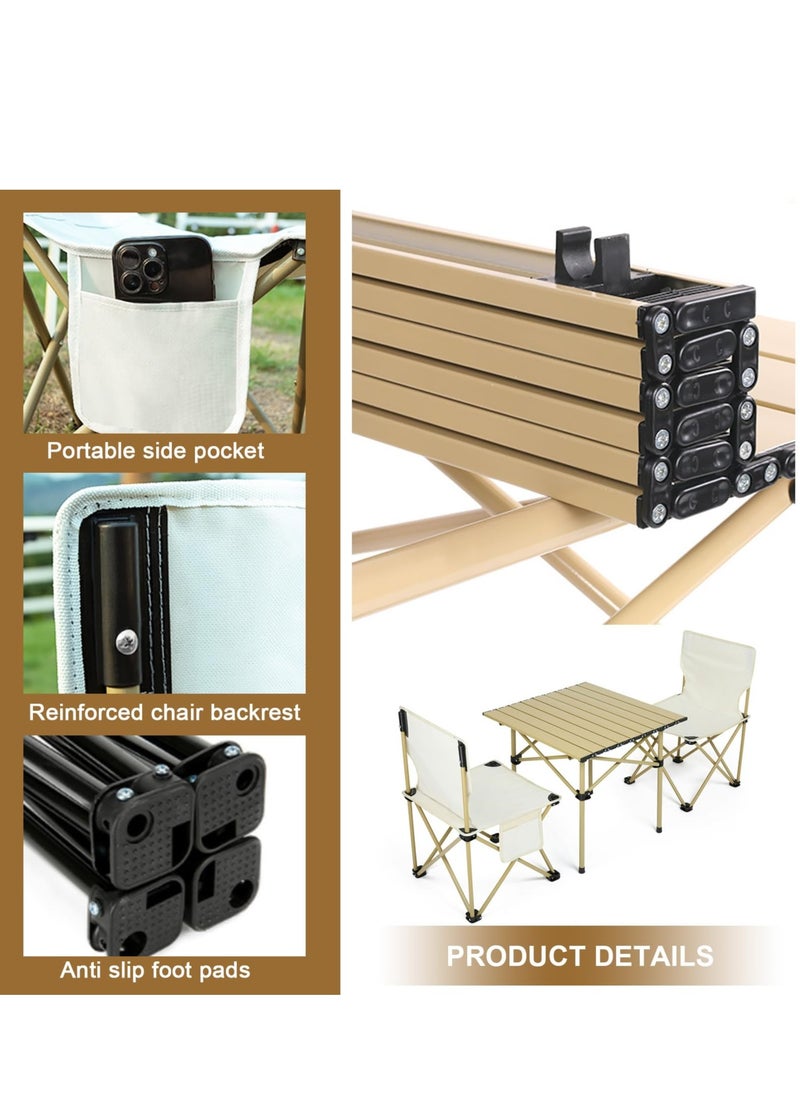 Folding Camping Table and Chairs Set,Portable Picnic Table with 2 Foldable Chairs, Aluminum Roll-up Camp Table with Storage Bag For Outdoor BBQ,Cooking,Party, Beach