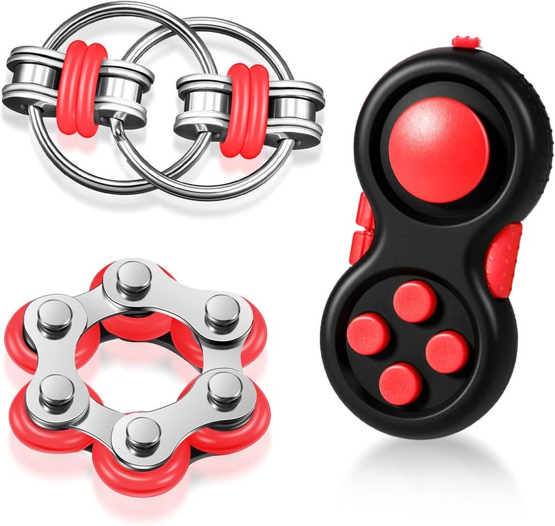 Gejoy 3 Pieces Handheld Mini Sensory Fidget Toy Set Includes Six Roller Chain and Key Flippy Chain Bike Chain Fidget Handheld Fidget Pad Stress Relief Toys for Adults Teens Relieve Stress(Black and Red) - Image 1