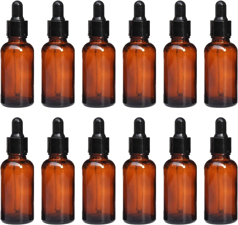 vipolish 12 قطعة زجاجات عنبر زجاجية سعة 20 مل مع قطارة عين وأغطية سوداء، حاوية موزعة للكريم والمستحضر والزيت العطري للتخزين للسفر ورحلات العمل والتخييم - Image 1