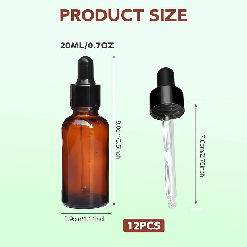 vipolish 12 قطعة زجاجات عنبر زجاجية سعة 20 مل مع قطارة عين وأغطية سوداء، حاوية موزعة للكريم والمستحضر والزيت العطري للتخزين للسفر ورحلات العمل والتخييم - Image 2
