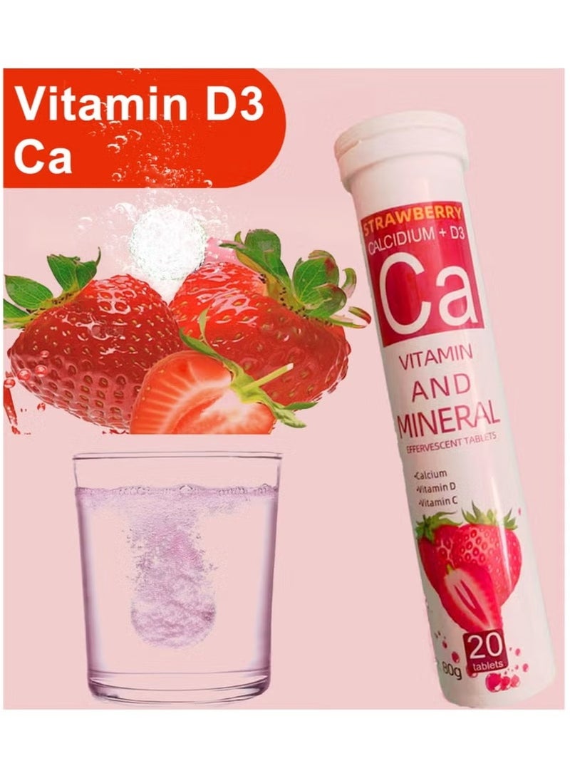 Wins Town Strawberry Effervescent Tablets with Calcium, Vitamin C & D3 – Immune Support, Bone Strength, Fast-Absorbing Nutritional Supplement Drink  - Image 1