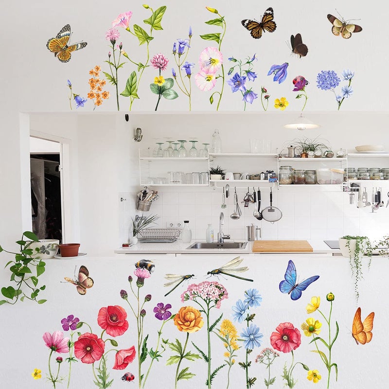 Incholl 6 Pieces Flowers Wall Decals Vinyl Flowers Wall Stickers Removable Floral Murals Peel and Stick Colorful Flower Decor for Girls Bedroom Living Room Nursery (Butterfly and Dragonfly) - Image 4