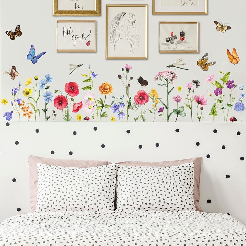 Incholl 6 Pieces Flowers Wall Decals Vinyl Flowers Wall Stickers Removable Floral Murals Peel and Stick Colorful Flower Decor for Girls Bedroom Living Room Nursery (Butterfly and Dragonfly) - Image 3