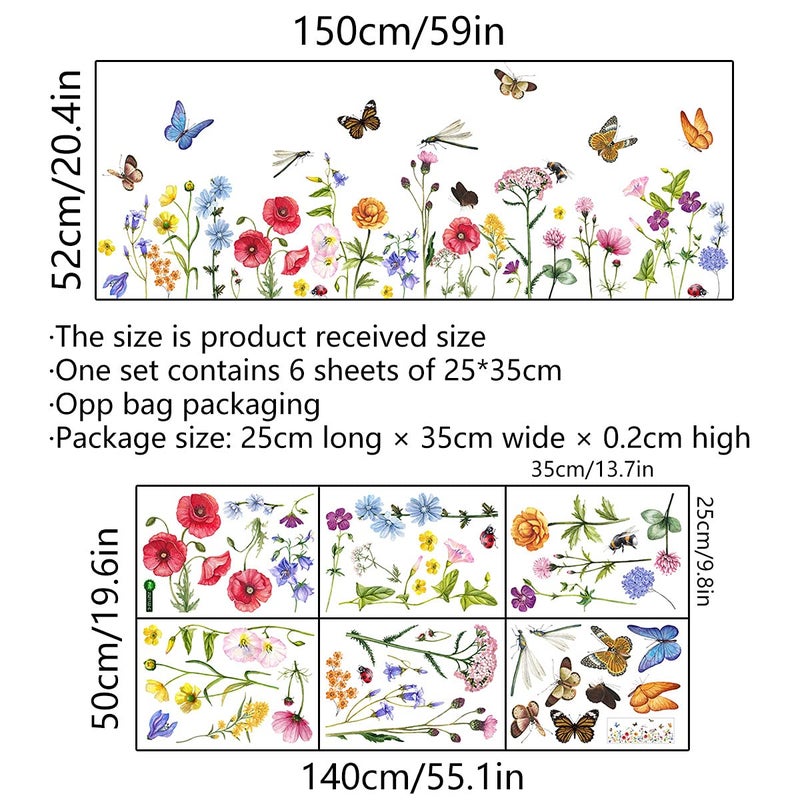 Incholl 6 Pieces Flowers Wall Decals Vinyl Flowers Wall Stickers Removable Floral Murals Peel and Stick Colorful Flower Decor for Girls Bedroom Living Room Nursery (Butterfly and Dragonfly) - Image 2