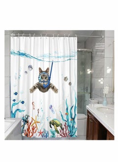 Excefore Funny Cat Shower Curtain Set, Blue Sea Ocean Animal Waterproof Fabric Shower Curtains for Standard Bathtub, Curtain for Bathroom Decor, Washable Fabric Shower Curtain Set 72''×72''  - Image 1