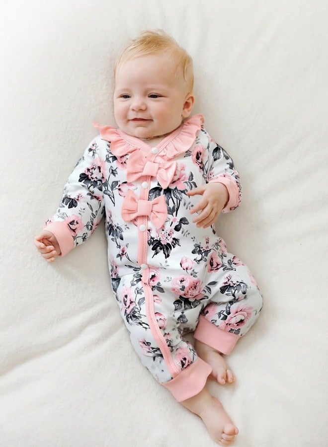 Mikrdoo Newborn Baby Girl Clothes Long Sleeve Button Snap Rompers 4 Pieces Clothe Set for Newborn Girls Pink Floral Dress - Image 2