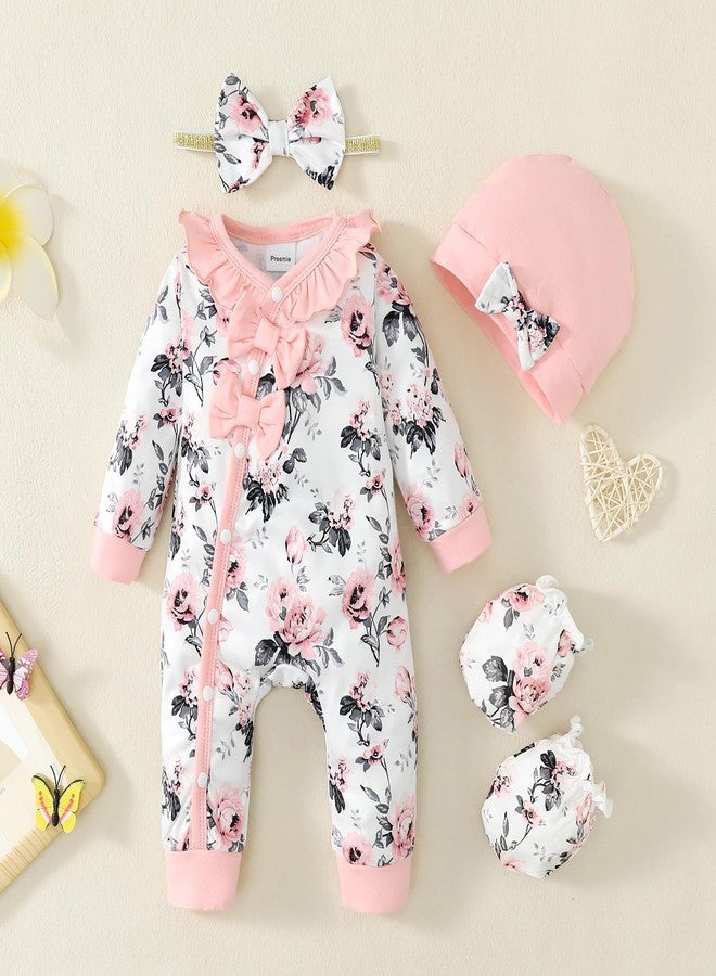 Mikrdoo Newborn Baby Girl Clothes Long Sleeve Button Snap Rompers 4 Pieces Clothe Set for Newborn Girls Pink Floral Dress - Image 5