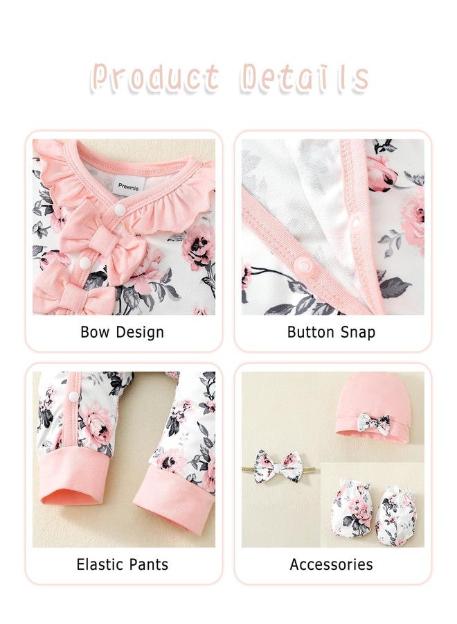 Mikrdoo Newborn Baby Girl Clothes Long Sleeve Button Snap Rompers 4 Pieces Clothe Set for Newborn Girls Pink Floral Dress - Image 4