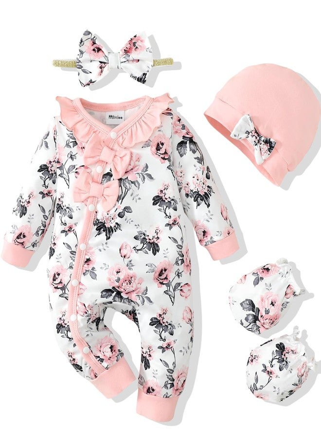 Mikrdoo Newborn Baby Girl Clothes Long Sleeve Button Snap Rompers 4 Pieces Clothe Set for Newborn Girls Pink Floral Dress - Image 1