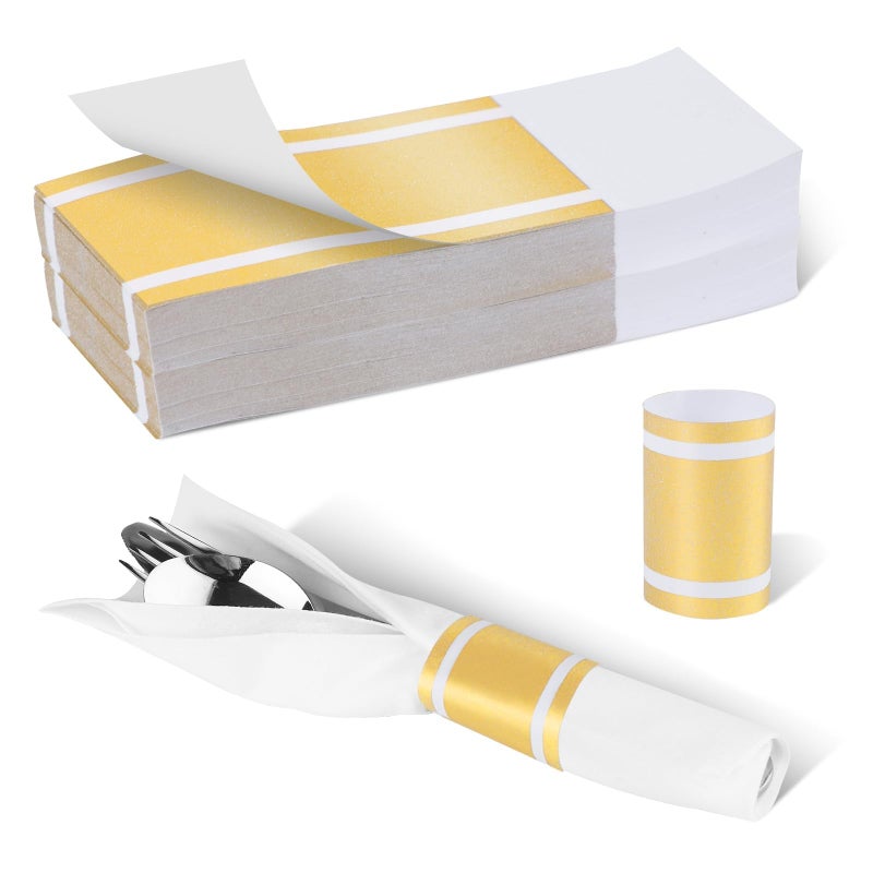 Germiwipe Gold Napkin Band,Paper Napkin Rings Self Adhesive,200PCS Silverware Wraps Bands,Table Setting Wedding Event Party Supply NB-015 - Image 1
