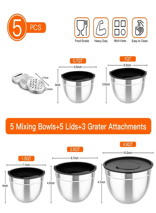 TeamFar Mixing Bowls with Airtight Lids, 5PCS Stainless Steel Metal Salad Bowl with 3 Grater Attachments, for Cooking, Prepping, Serving, Healthy & Easy Clean - 0.7/1/1.5/2.6/4.6QT, Black - Image 2