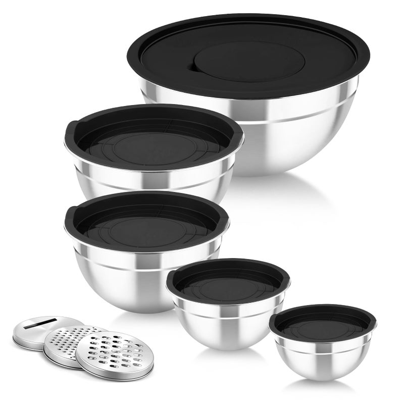 TeamFar Mixing Bowls with Airtight Lids, 5PCS Stainless Steel Metal Salad Bowl with 3 Grater Attachments, for Cooking, Prepping, Serving, Healthy & Easy Clean - 0.7/1/1.5/2.6/4.6QT, Black - Image 1