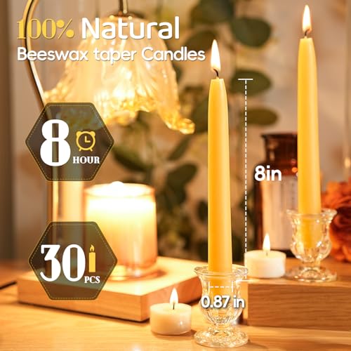 MAKALONE 30 Pack Beeswax Taper Candles,8 inch Tall - Dripless and Smokeless All Natural Beeswax Candles Sticks,8 Hours Long Lasting Burning Time,100% Nontoxic Unscented Bee Wax Candle for Home - Image 4