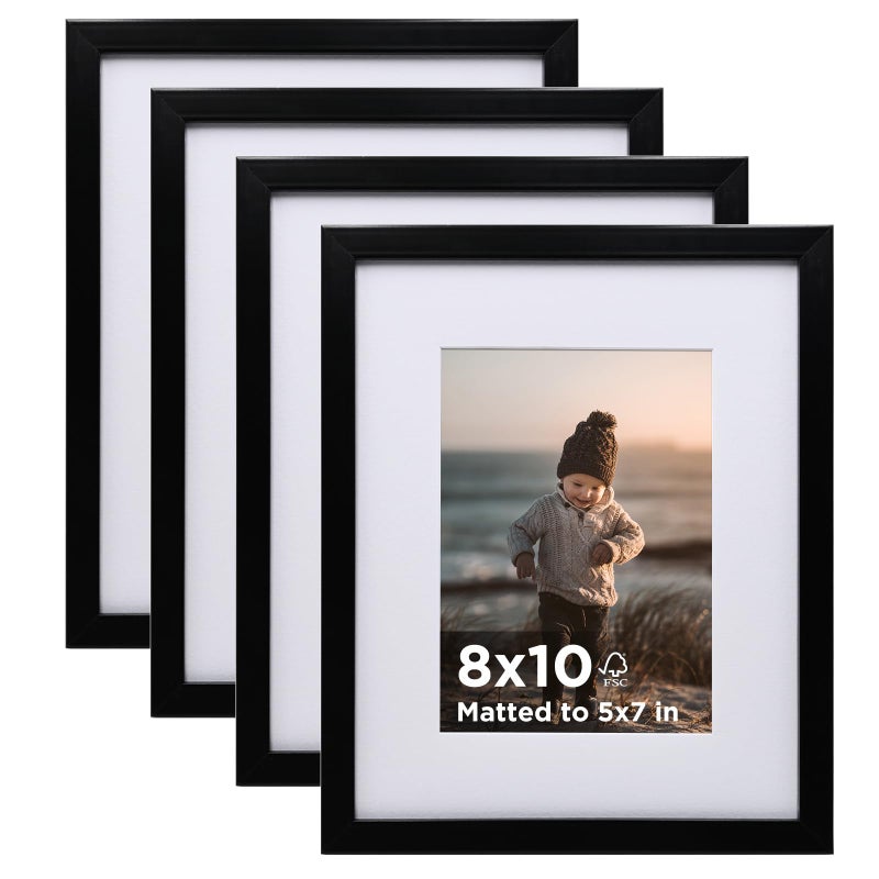 KINLINK 8x10 Picture Frame Black Set of 4 Wooden Photo Frames Matted 5x7 with Plexiglass for 5x7 with Mat or 8x10 without Mat for Table and Wall Display