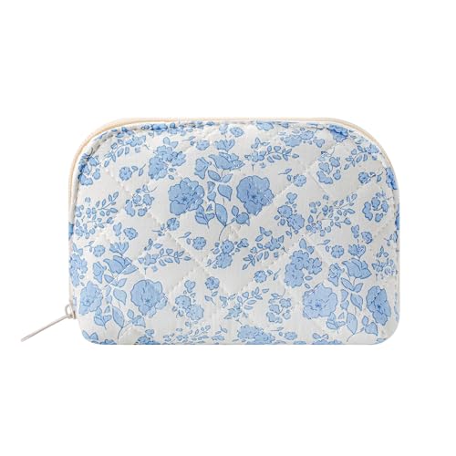 WHHJM Dome Cosmetic Makeup Bag Small Cotton Quilted Makeup Pouch for Purse Cute Floral Travel Toiletry Zipper Pouch (Blue Floral) - Image 1