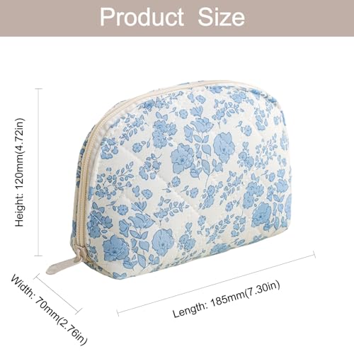 WHHJM Dome Cosmetic Makeup Bag Small Cotton Quilted Makeup Pouch for Purse Cute Floral Travel Toiletry Zipper Pouch (Blue Floral) - Image 5