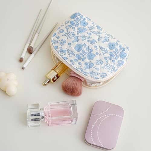 WHHJM Dome Cosmetic Makeup Bag Small Cotton Quilted Makeup Pouch for Purse Cute Floral Travel Toiletry Zipper Pouch (Blue Floral) - Image 3