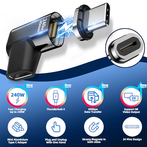DuHeSin 240W USB C Magnetic Adapter 2 Pack Magnetic USB C Adapter Right Angle 24Pin with USBC 4 40Gbps 8K 60Hz for iPhone 1615 Series Thunderbolt 34 MacBook ProAir and More Type C Devices - Image 3