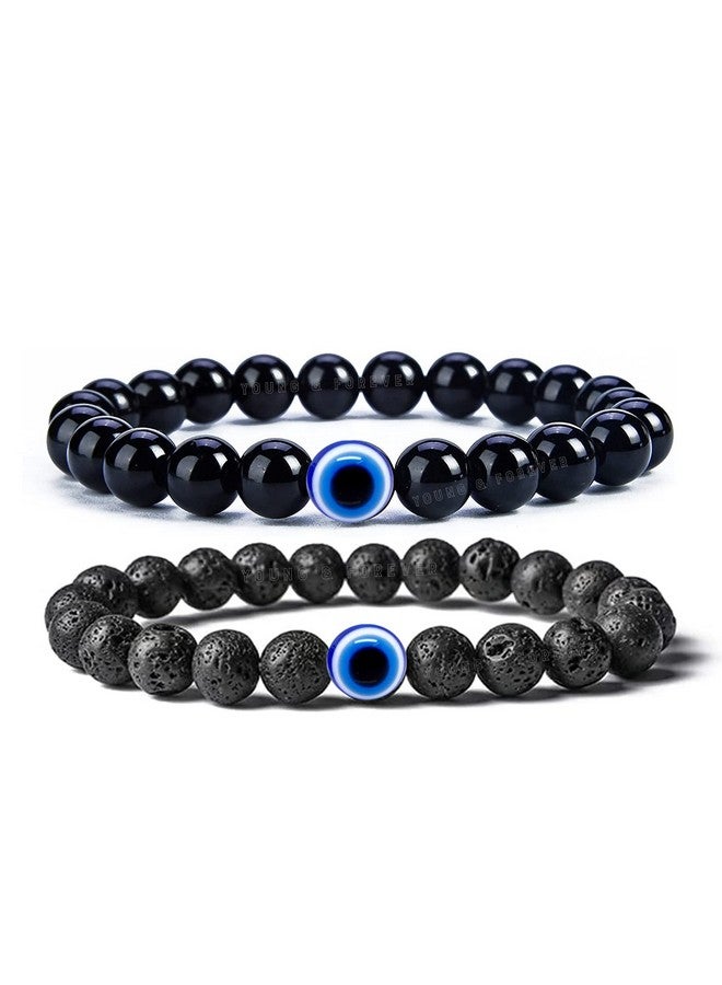 Young & Forever Valentine Evil Eye Bracelet for Men and Women - Beaded Diffuser Lava & Onyx Bracelets for Long Distance Relationships, Couples, Bestfriends - Image 1