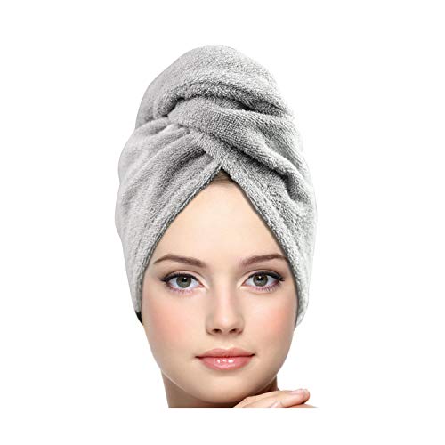 KEEPOZ Hair Towel Wrap Quick Dry 100% Cotton Super Absorbent Turban Head Wrap for Women with Button, Non Microfiber Anti Frizz Hair Products, Hair Cap for Curly, Long Hair (Grey, 1 Pc) - Image 1