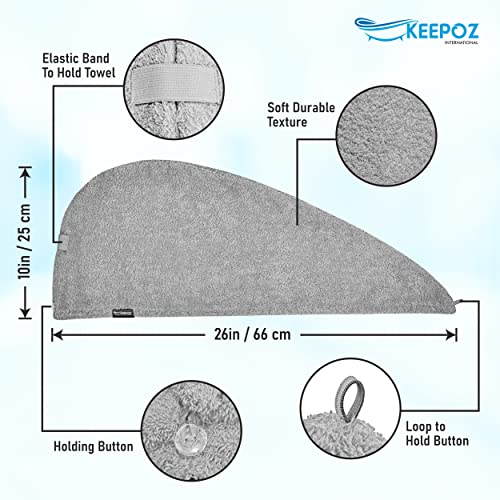 KEEPOZ Hair Towel Wrap Quick Dry 100% Cotton Super Absorbent Turban Head Wrap for Women with Button, Non Microfiber Anti Frizz Hair Products, Hair Cap for Curly, Long Hair (Grey, 1 Pc) - Image 2