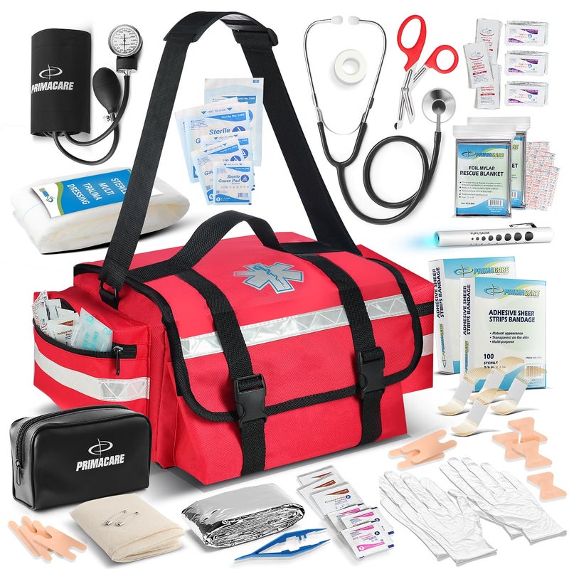 PRIMACARE حقيبة الطوارئ العاكسة المجهزة بالكامل من برايم كير 17 × 9 × 7 مجموعة مستلزمات طبية للطوارئ لمستجيبي الإسعاف المحترفين حقيبة كتف مع جيوب جانبية بسحاب وأقسام حمراء - Image 1