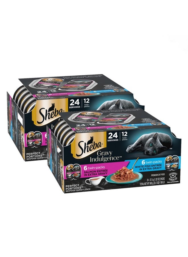 Sheba Gravy Indulgence Adult Wet Cat Food (24 Count, 48 Servings), Salmon Entrée In Extra Gravy And White Fish Entrée In Extra Gravy Variety Pack, Easy Peel TwinPack Trays  - Image 1