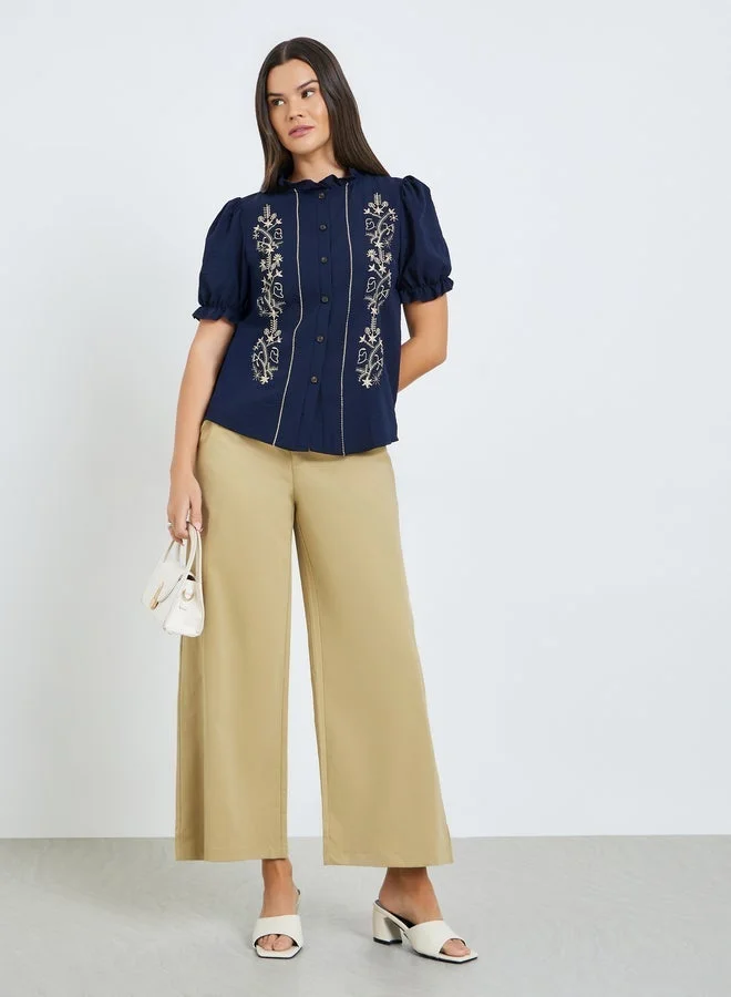 Take Two Navy Blue Embroidery Short Sleeve Top