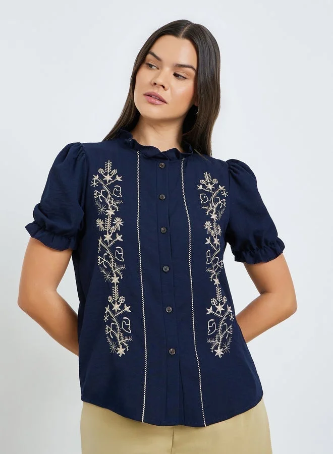 Take Two Navy Blue Embroidery Short Sleeve Top