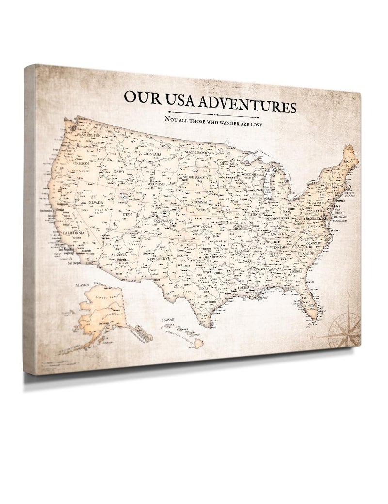 IPIC - Vintage USA Map Canvas Wall Art, Large Travel map Print for Home, Office, or Study, Push Pin Map Decor for Travel Lovers, Ready to Hang - Image 1